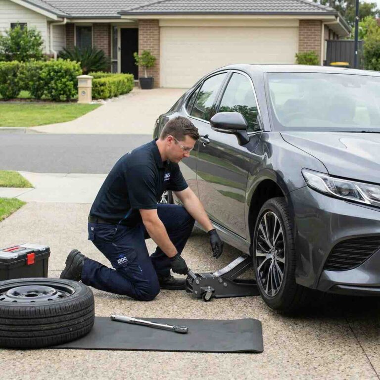 Auto Tools Mart mobile mechanic changing a flat tire in a residential driveway in Owings Mills Maryland