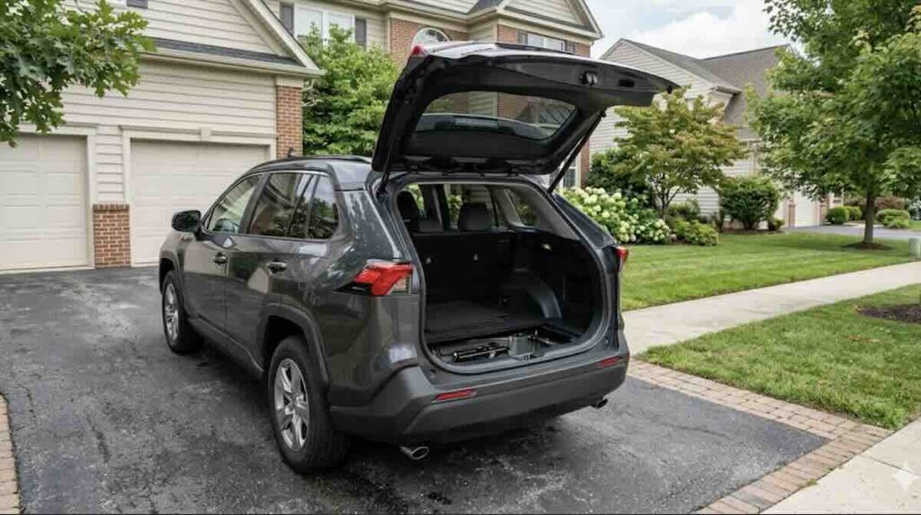 Empty spare tire well in a car trunk — no spare tire available in Baltimore County Maryland