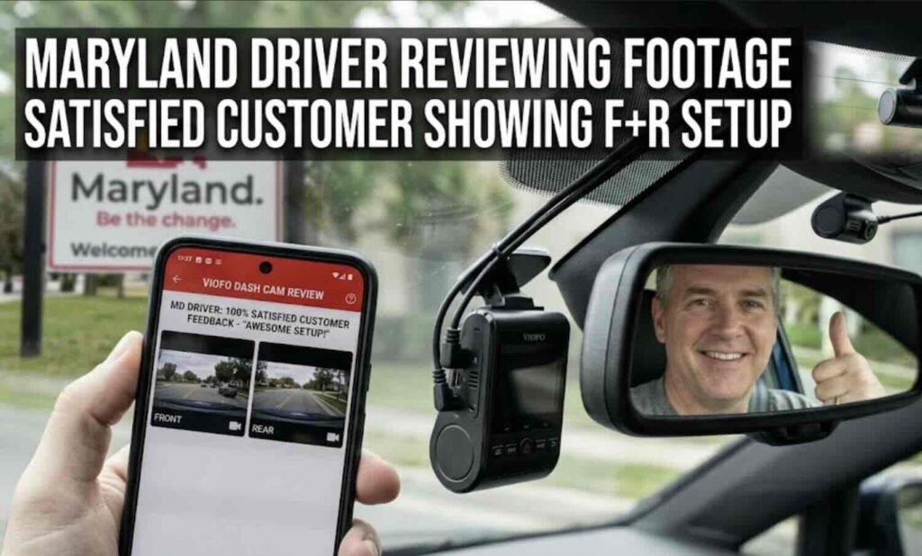 "Maryland driver reviewing dash cam footage on smartphone app, satisfied customer showing front and rear camera setup in vehicle