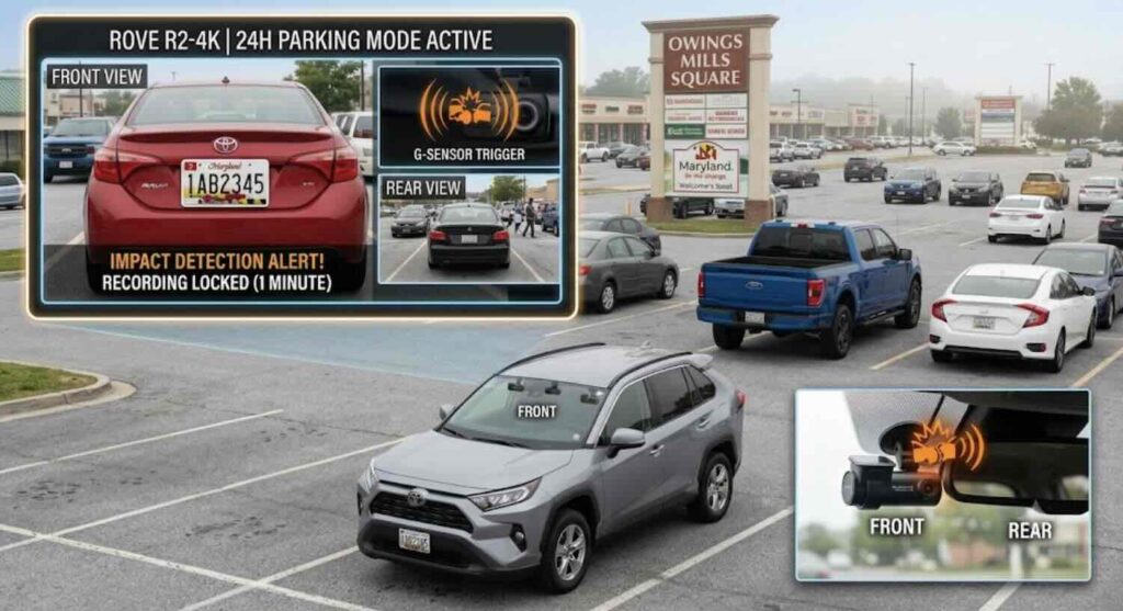 Car parked in busy Maryland shopping center parking lot with dash cam indicator light visible, security monitoring concept