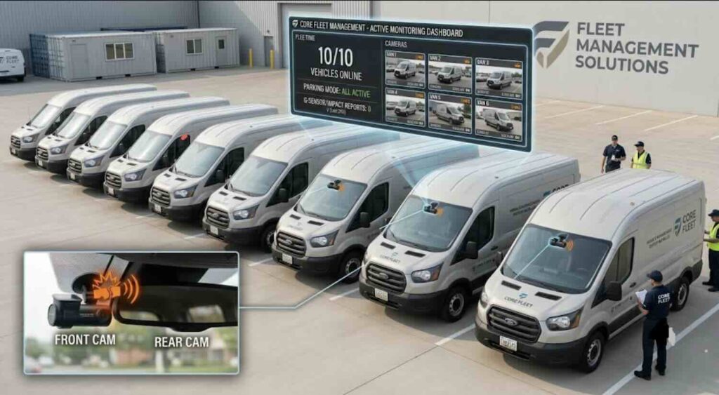 Commercial fleet of vehicles equipped with professional dash cam systems