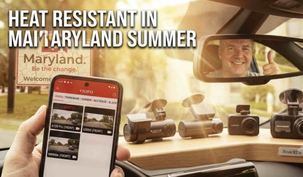 Dash cam operating in extreme Maryland summer heat demonstrating temperature resistance"