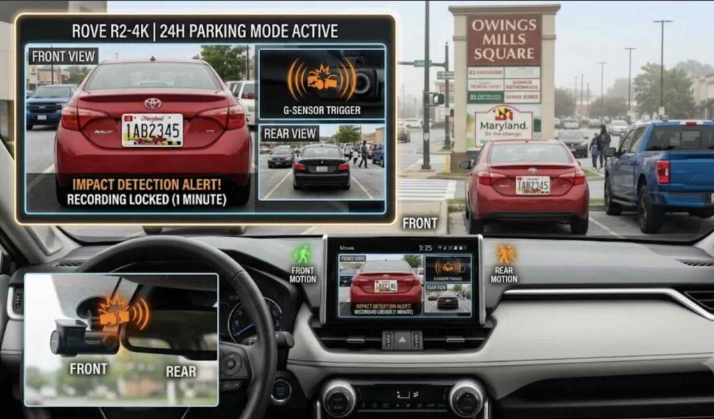 Dash cam parking mode activated displaying motion detection monitoring vehicle