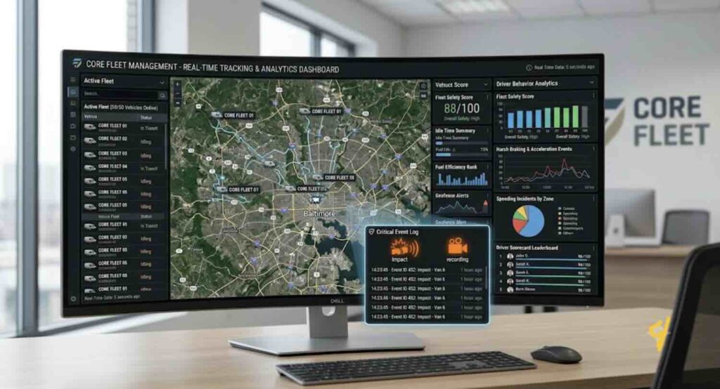 Fleet management software dashboard displaying real-time vehicle tracking and analytics