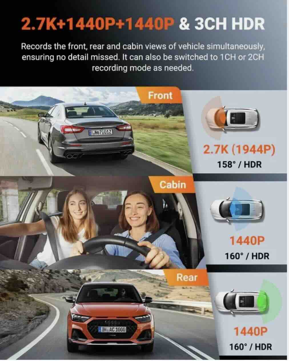 Vantrue N4S 3-Channel Dash Cam (2.7K Front + 2.5K Cabin + 2.5K Rear) - Image 3