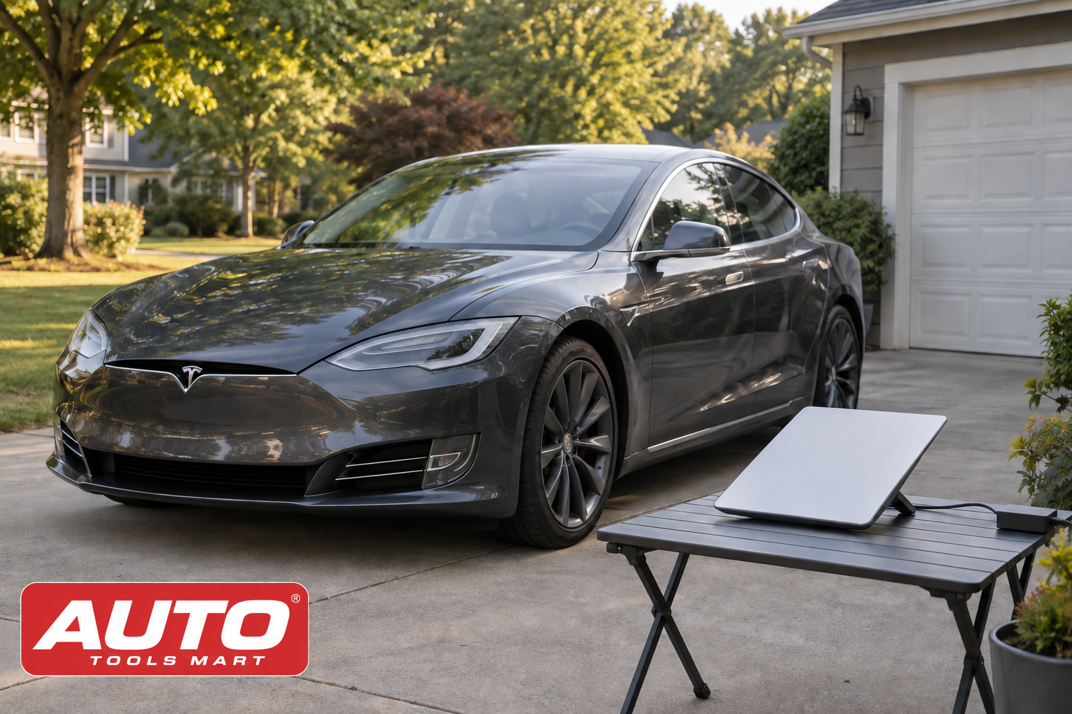 Illustration of a portable satellite terminal beside a parked Tesla Model S, with the Auto Tools Mart logo.